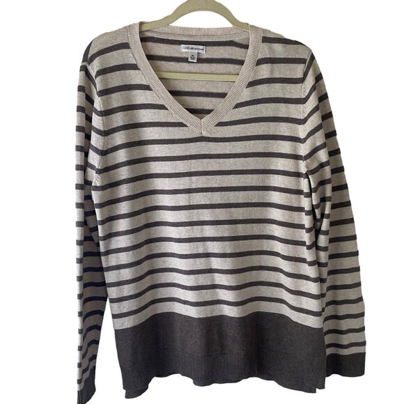 Croft & Barrow V-Neck Sweater Womens XL Gray White Striped Cotton Blend Neutral - Picture 1 of 11